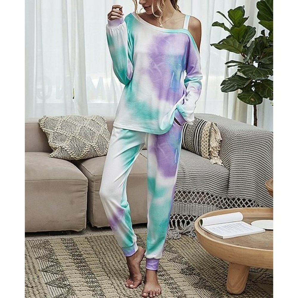 Romantichut Tie Die Purple &Green  Asymmetrical Cutout Top& Joggers Size XL